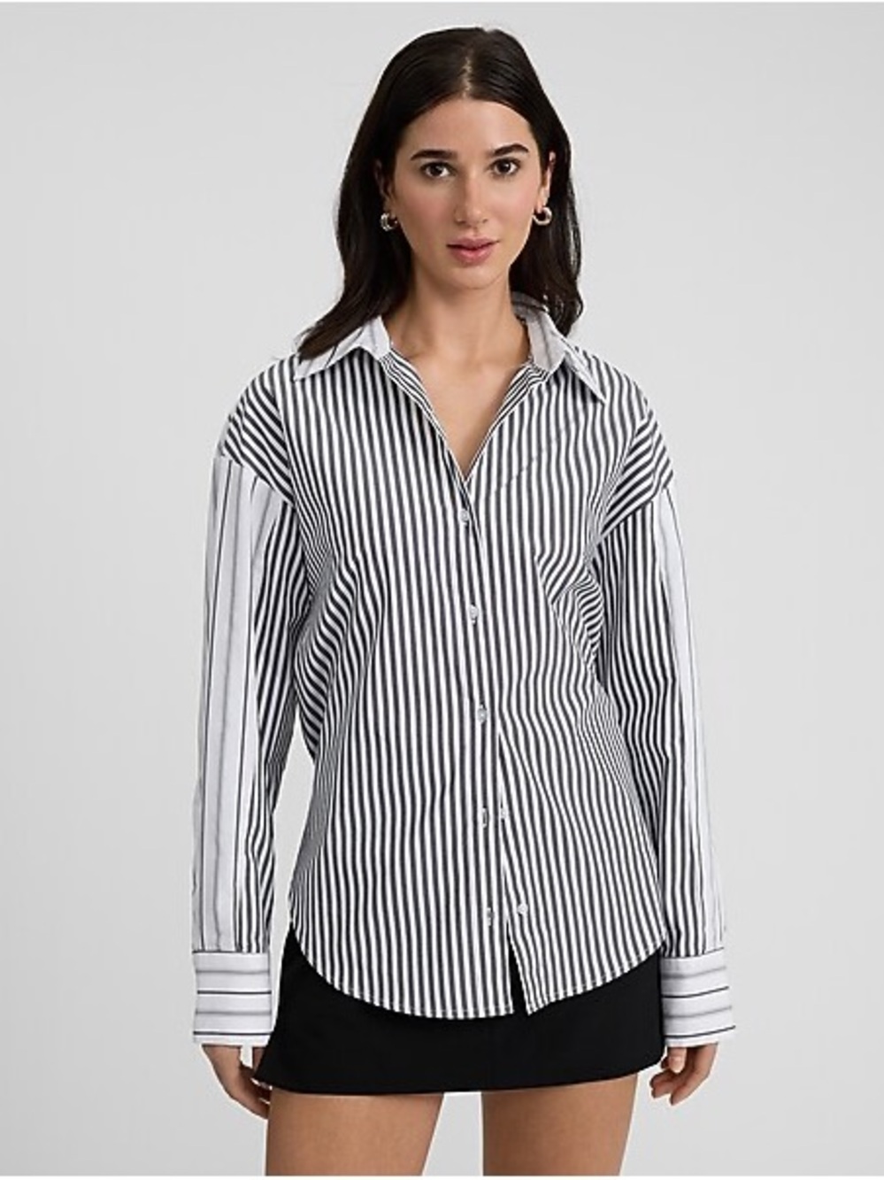 Express Stretch Cotton Poplin Contrast Striped Boyfriend Shirt Size M